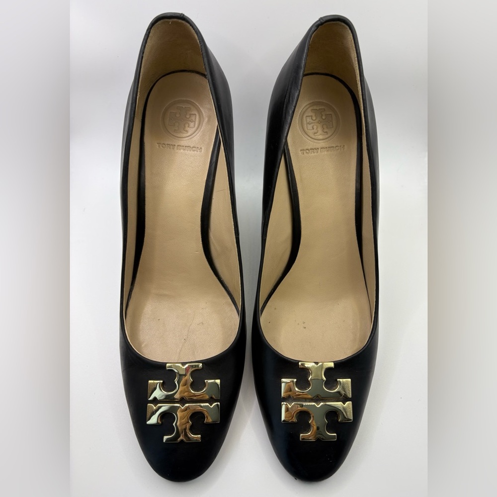 EUC Tory Burch Raleigh Wedge Black Heels with Gold Logo